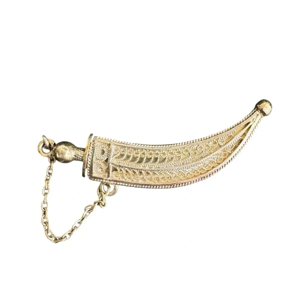 Vintage Sterling Silver Dagger & Sheath Brooch Spun Filigree‎ Sword Pin Chain